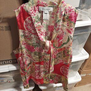 NEW ! Women Ninewest Sleeveless Silk Top With Bow Pink Flora Size 12